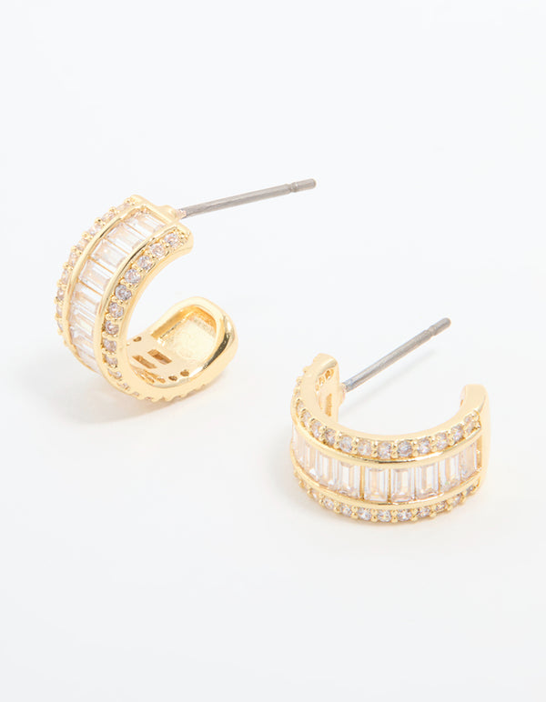 Gold Plated Cubic Zirconia Baguette Small Hoop Earrings