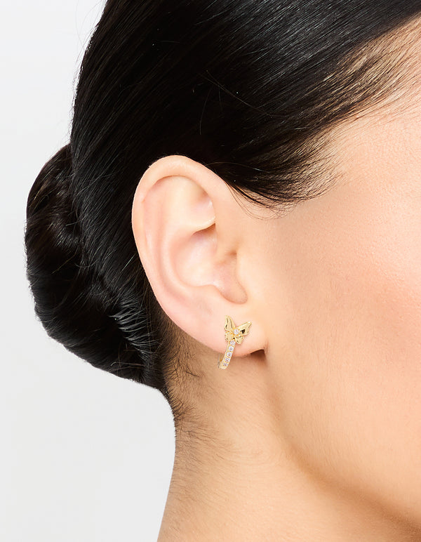 Gold Plated Cubic Zirconia Mini Butterfly Huggie Earrings