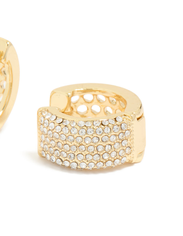 Gold Plated Diamante Pave Medium Huggie Earrings