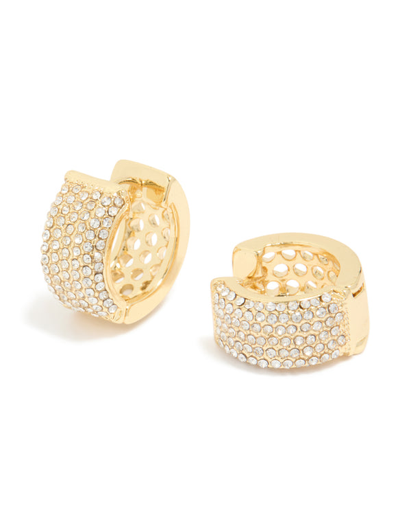 Gold Plated Diamante Pave Medium Huggie Earrings