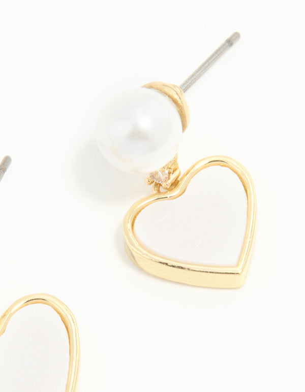 Gold Plated Pearl Catseye Heart Drop Earrings