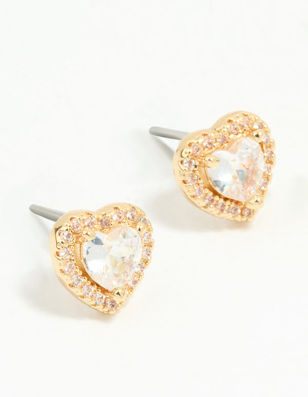Gold Plated Cubic Zirconia Halo Heart Stud Earrings