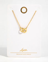 Gold Plated Brass Cubic Zirconia Double Heart Link Pendant Necklace - link has visual effect only