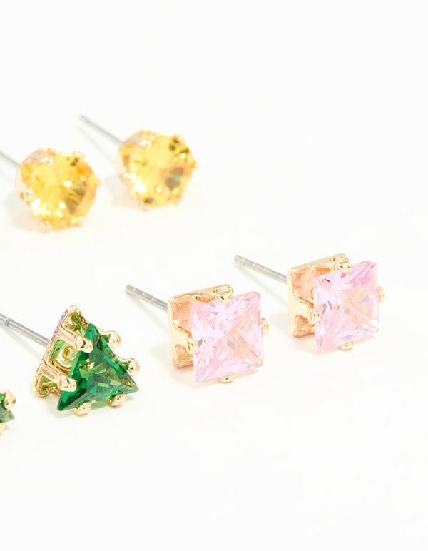 Gold Multicoloured Diamante Mixed Shape Stud Earrings 8-Pack