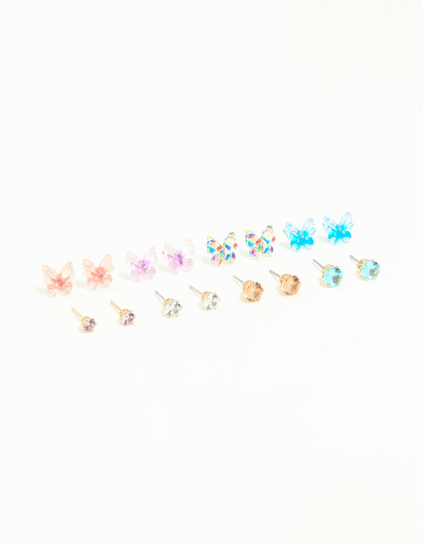Gold Diamante & Butterfly Stud Earrings 8-Pack