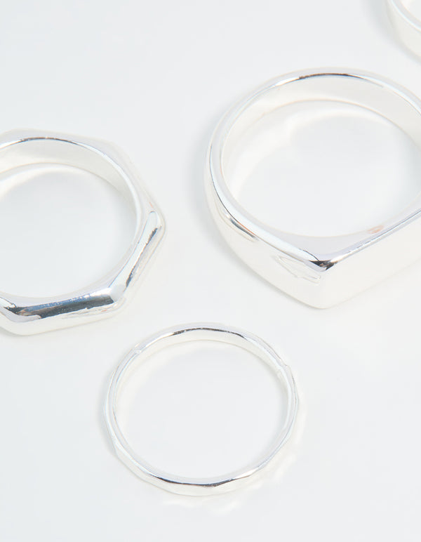 Silver Hexagon & Signet Rings 5-Pack