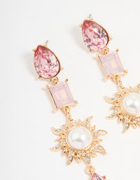 Gold Pink Diamante & Pearl Sun Drop Earrings - link has visual effect only