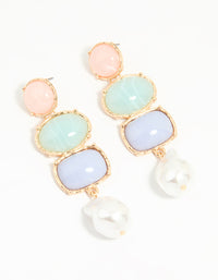 Gold Pearl Pink, Green & Blue Stone Drop Earrings - link has visual effect only