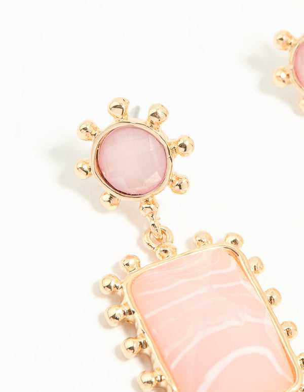 Gold Pink Stone Square Drop Earrings