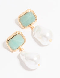 Gold Pearl & Blue Rectangle Stone Drop Earrings - link has visual effect only