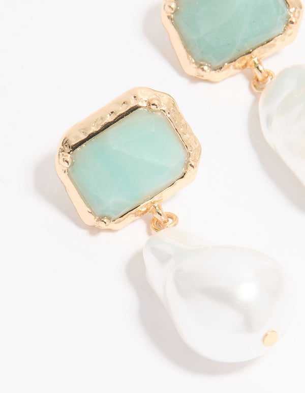 Gold Pearl & Blue Rectangle Stone Drop Earrings