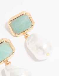 Gold Pearl & Blue Rectangle Stone Drop Earrings - link has visual effect only