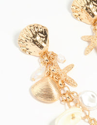 Gold Pearl & Ribbed Shall Charm Drop Earrings - link has visual effect only