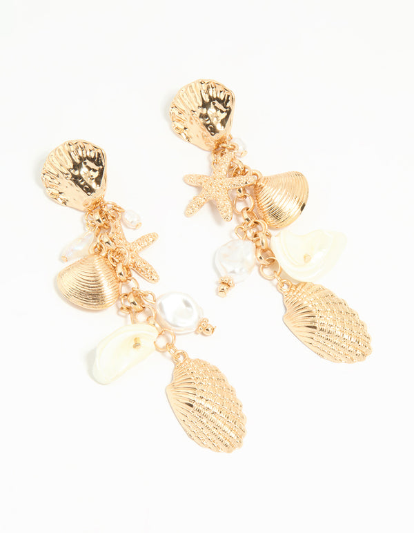 Gold Pearl & Ribbed Shall Charm Drop Earrings