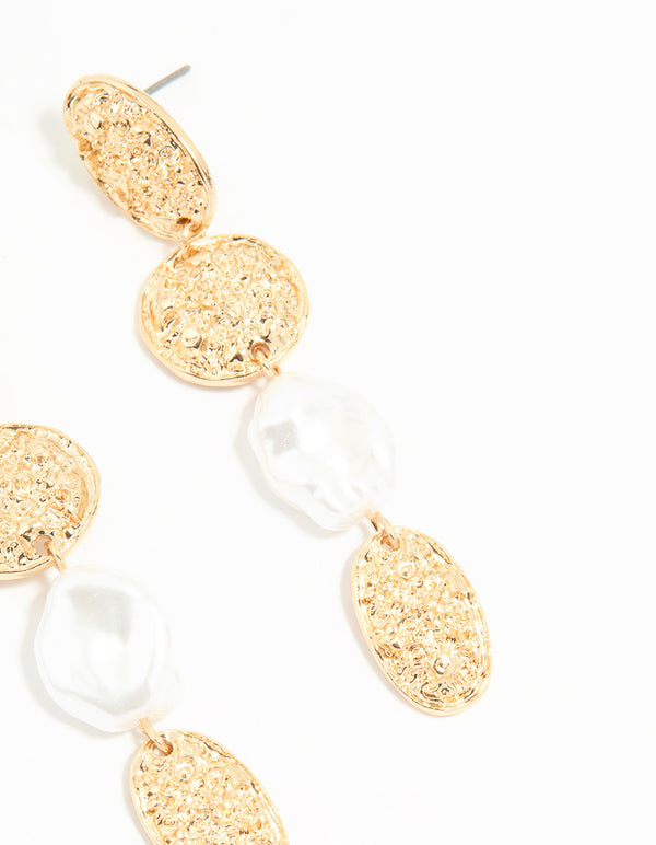 Gold Pearl Textured Drop Earrings