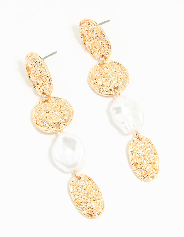 Gold Pearl Textured Drop Earrings