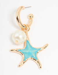 Gold Pearl & Blue Starfish Charm Huggie Earrings - link has visual effect only