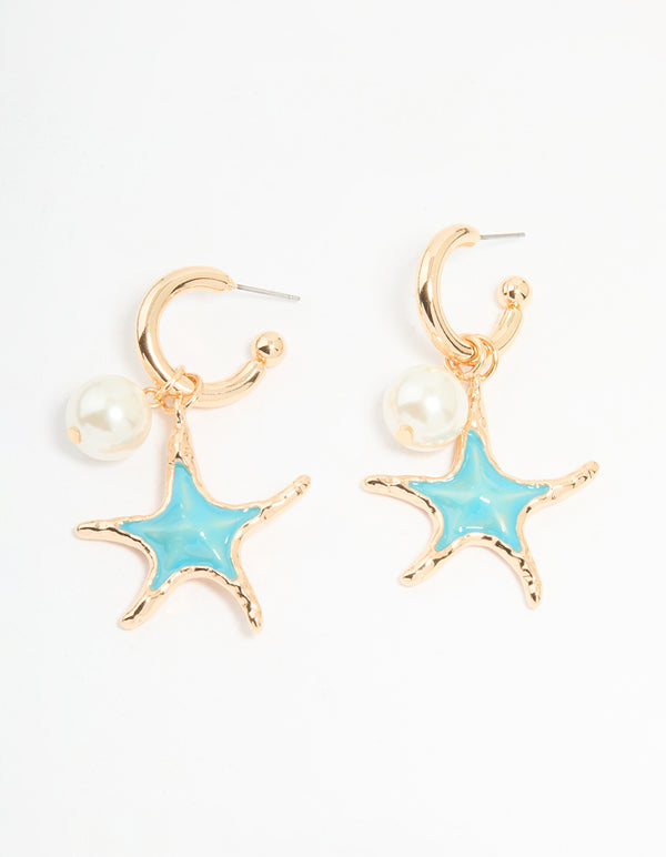 Gold Pearl & Blue Starfish Charm Huggie Earrings