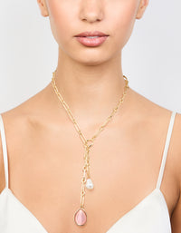 Gold Pink Gem & Pearl Drop Y-Necklace - link has visual effect only
