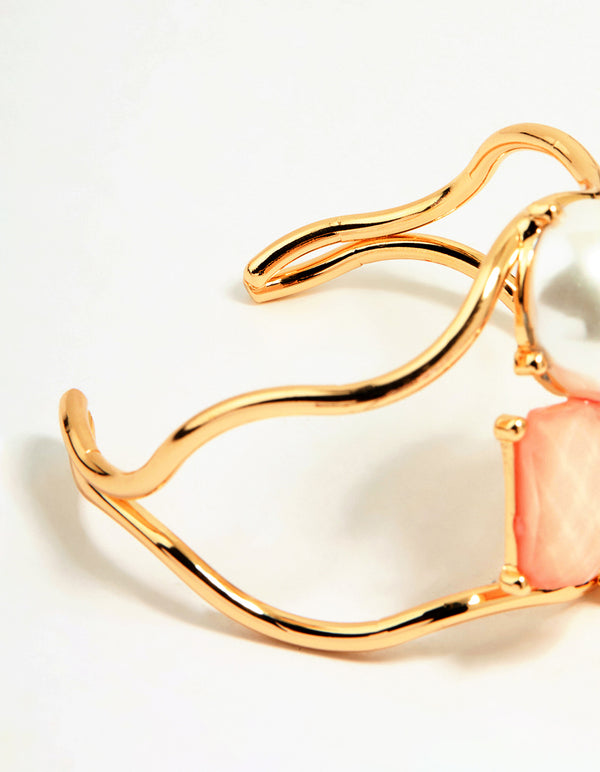 Gold Pink & Orange Gem Pearl Wrist Cuff