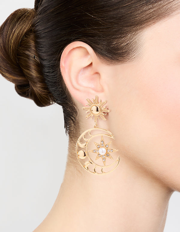 Gold Celestial Sun Drop Earrings