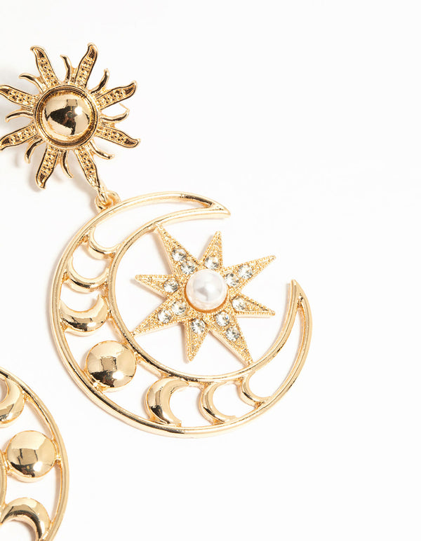 Gold Celestial Sun Drop Earrings