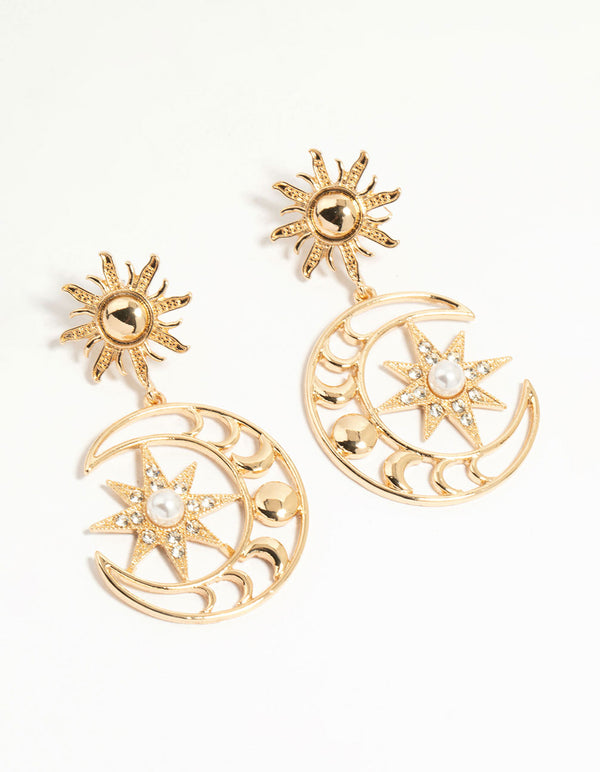 Gold Celestial Sun Drop Earrings