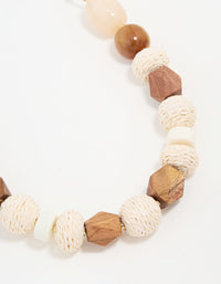 Gold White Raffia & Wood Textured Ball Necklace - link has visual effect only