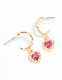 Gold Pink Cubic Zirconia Encased Heart Huggie Earrings - link has visual effect only