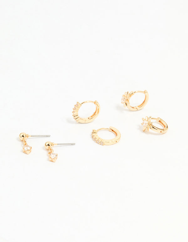 Gold Cubic Zirconia Mixed Cross Huggie & Stud Earrings 3-Pack