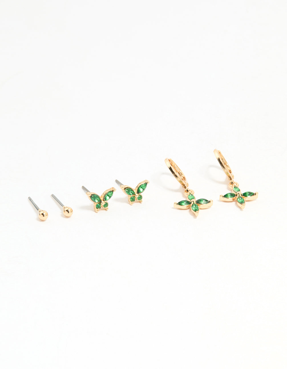 Gold Green Diamante Butterfly & Cross Mixed Stud Earrings 3-Pack