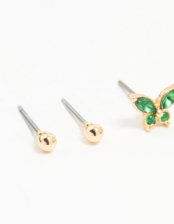 Gold Green Diamante Butterfly & Cross Mixed Stud Earrings 3-Pack