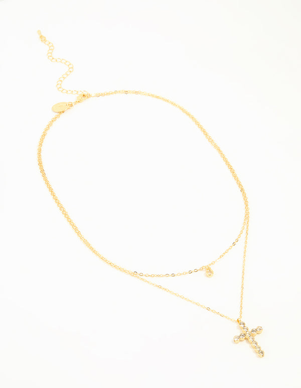 Gold Plated Diamante Cross Layered Necklace