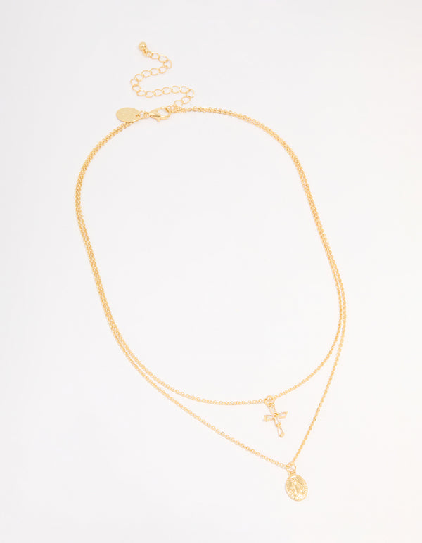 Gold Plated Cross & Mary Layered Necklace