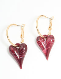 Gold Burgundy Bubble Heart Hoop Earrings - link has visual effect only