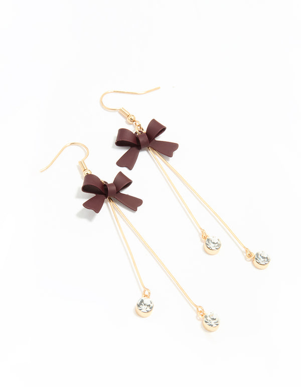 Gold Diamante Brown Bow Drop Earrings