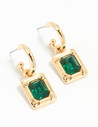 Gold Green Diamante Rectangle Drop Huggie Earrings - link has visual effect only