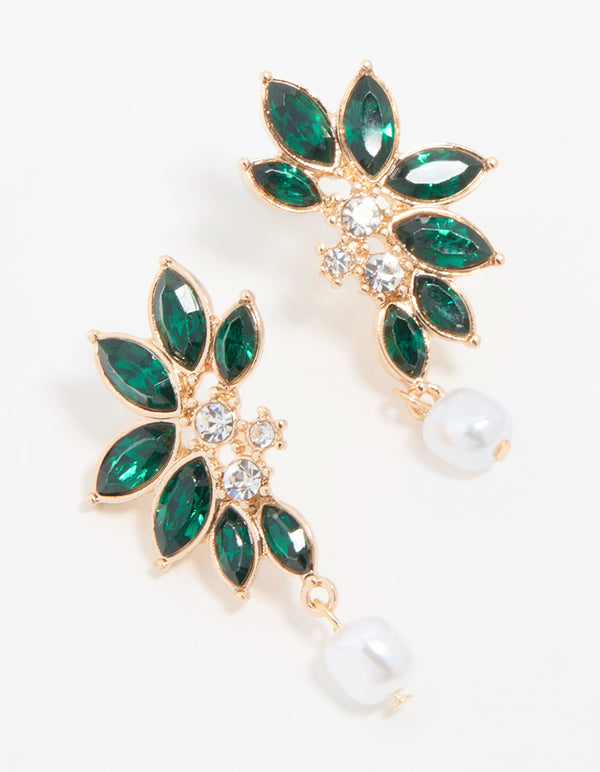 Gold Green Diamante & Pearl Marquise Stud Earrings