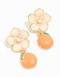 Gold Pearl Flower& Orange Drop Earrings - link has visual effect only