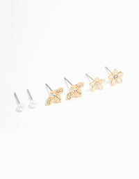 Gold Flower & Bee Stud Earrings 3-Pack - link has visual effect only
