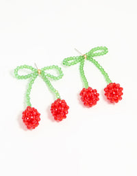 Beaded Red Cherry Bow Drop Earrings - link has visual effect only