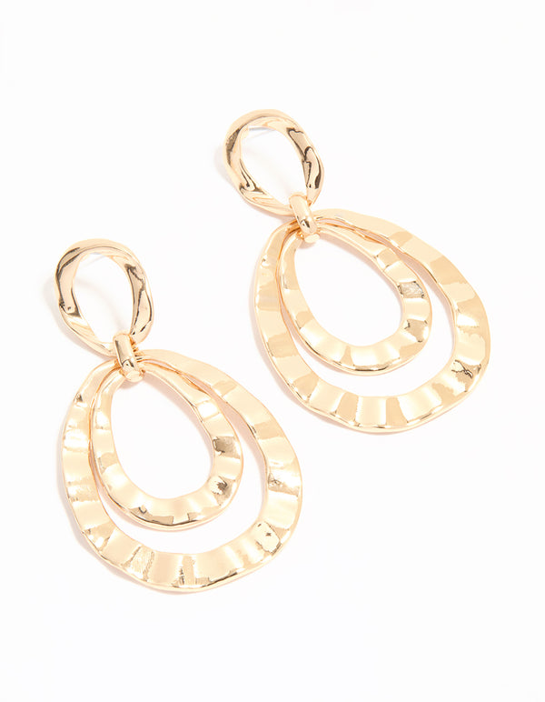 Gold Hammered Circle Drop Earrings