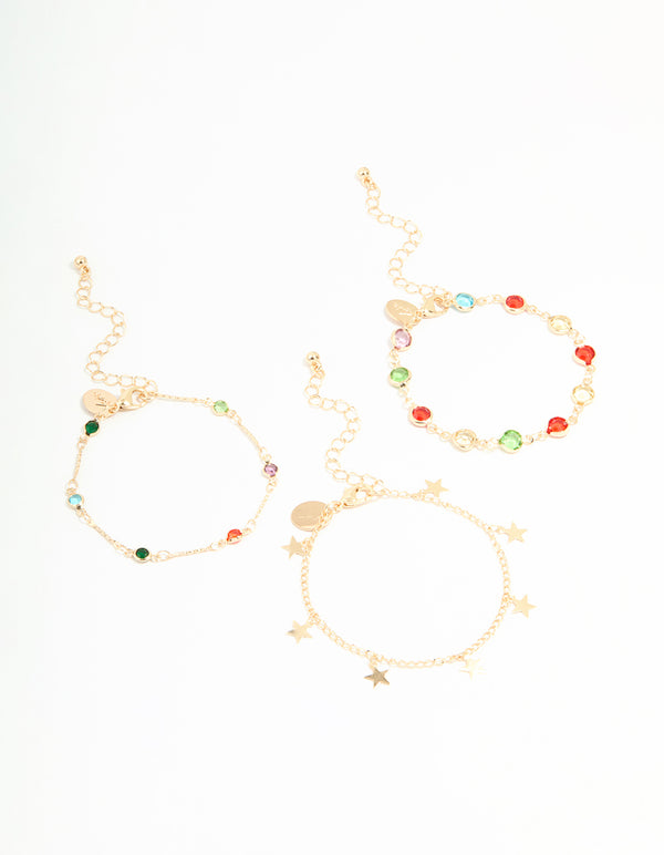 Gold Multicoloured Gem & Star Bracelets 3-Pack
