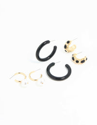 Gold & Dark Blue Pearl  Drop Hoop Earrings 3-Pack - link has visual effect only