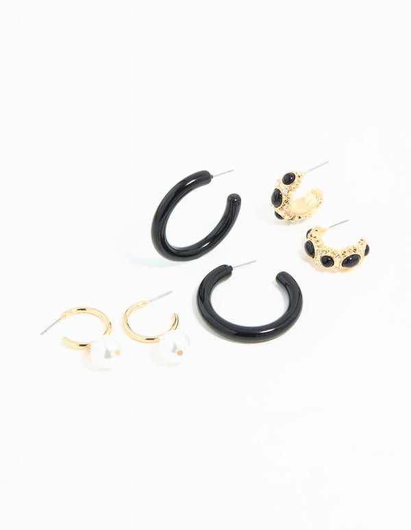 Gold & Dark Blue Pearl  Drop Hoop Earrings 3-Pack