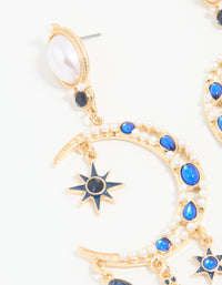 Gold Pearl Blue Diamante Celestial Drop Earrings - link has visual effect only