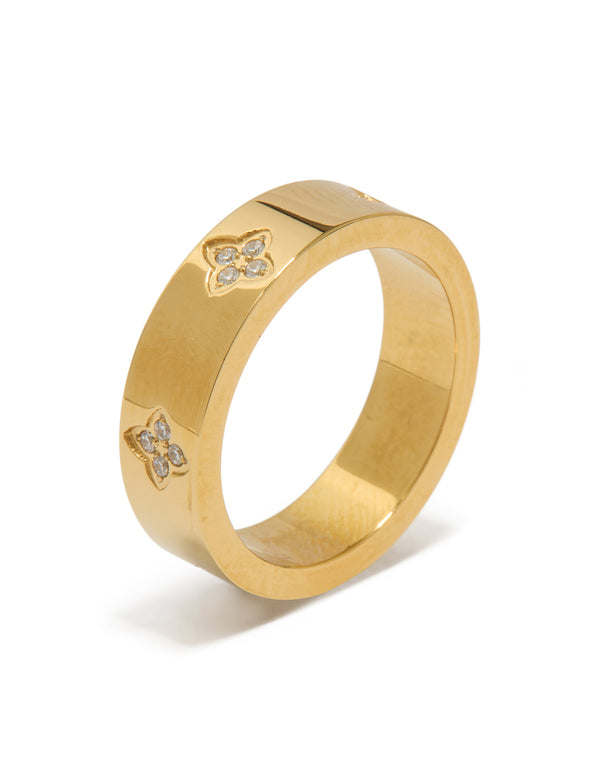 Waterproof Gold Plated Stainless Steel Cubic Zirconia Flower Band Ring