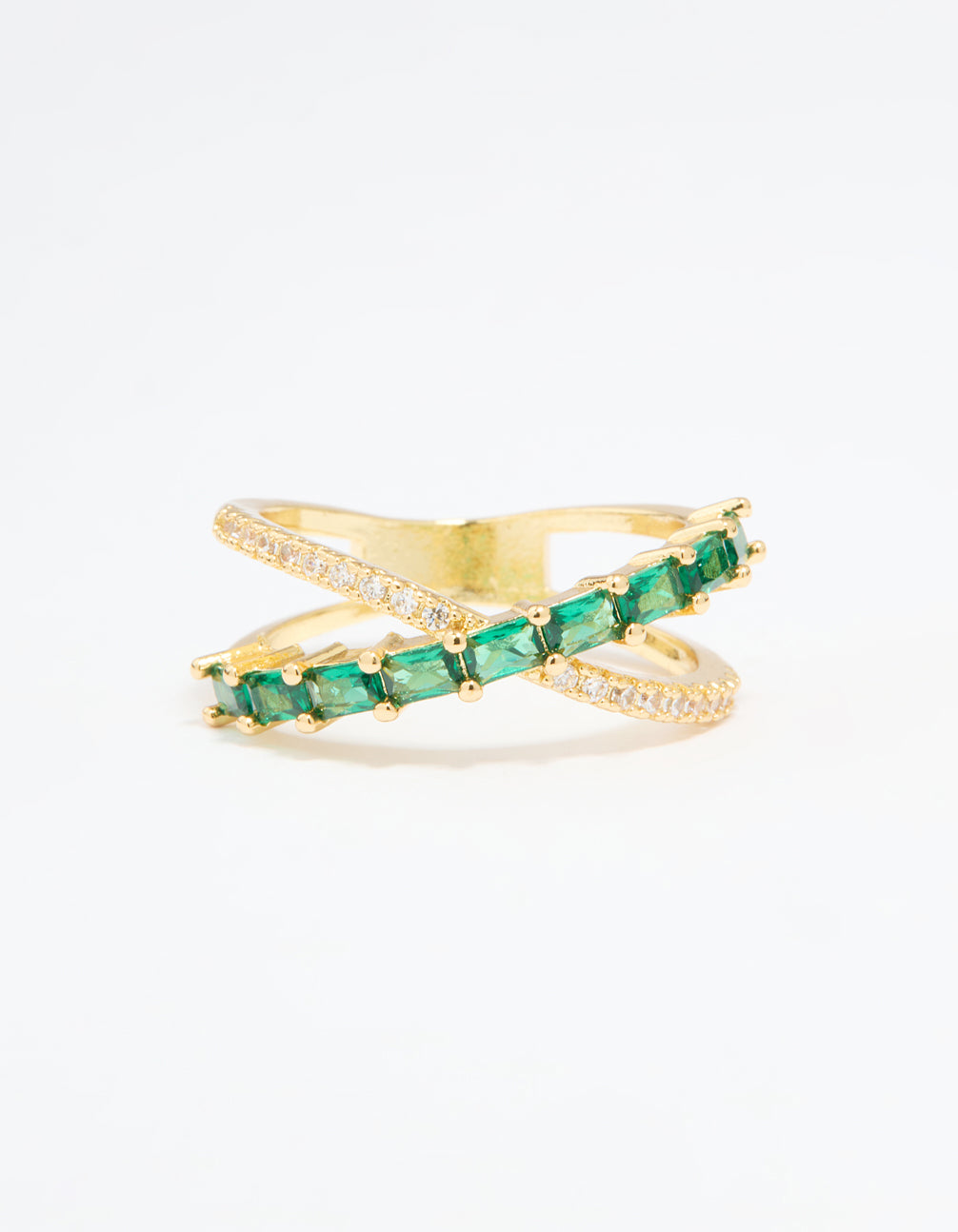 Gold Plated Green Cubic Zirconia Criss Cross Ring