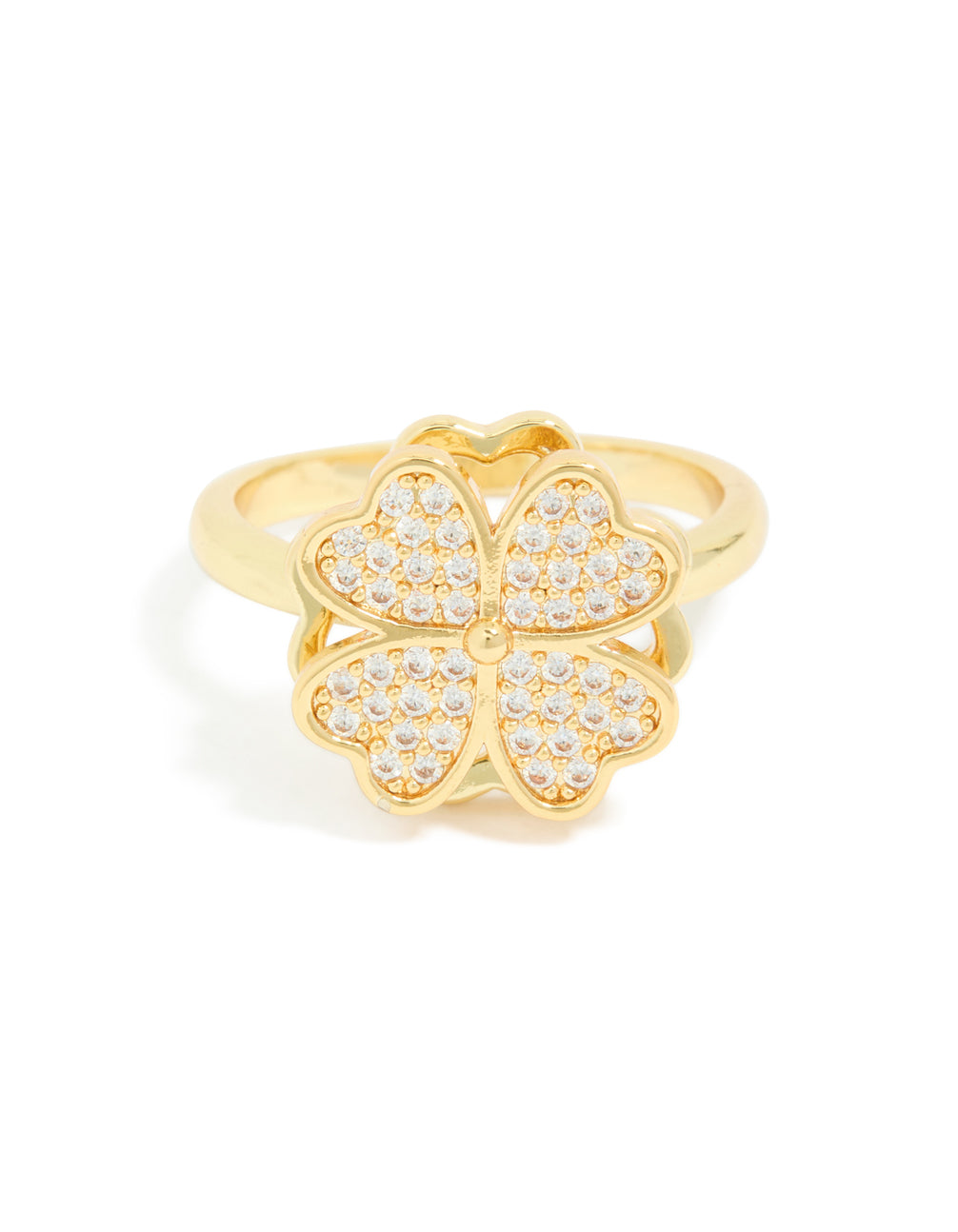 Presenting waterproof gold plated stainless steel spinning clover ring featuring floral and heart design close up view