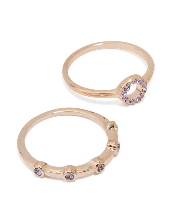 Rose Gold Purple Diamante Rings 3-Pack
